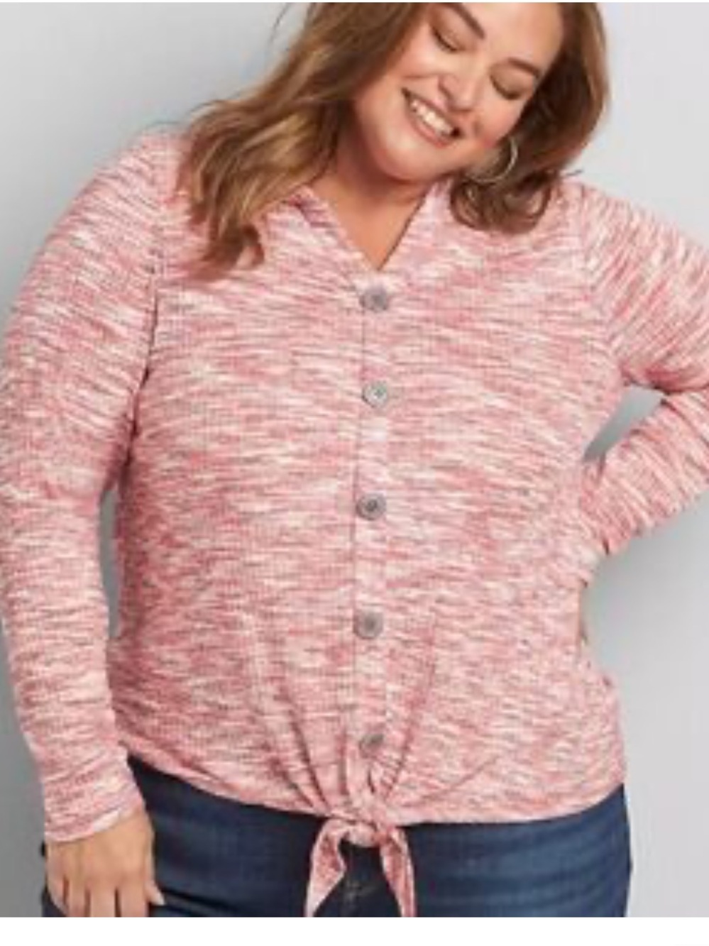 Lane Bryant Pink and Ivory Space-Dye Button Front Tie Hem Top hoodie 18/20